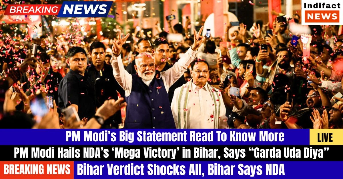 PM Modi Hails NDA’s ‘Mega Victory’ in Bihar, Says “Garda Uda Diya” as Party Celebrates Historic Win